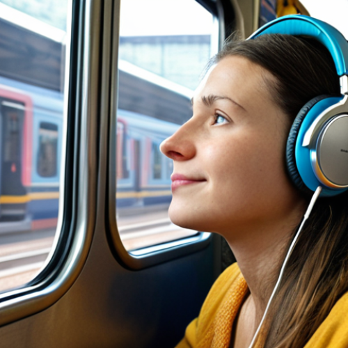 **Image Prompt:** A person wearing noise-canceling headphones on a train, looking relaxed and listening to music. Focus on the headphones blocking out the noise of other passengers and the train itself.