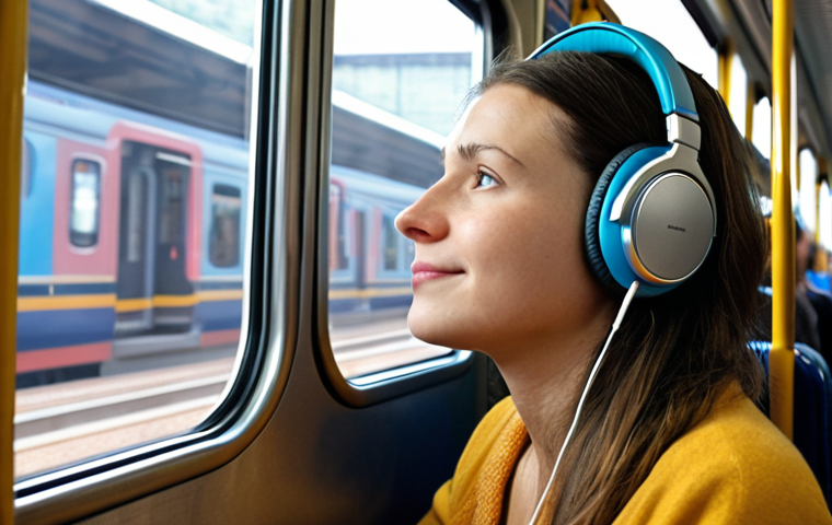 **Image Prompt:** A person wearing noise-canceling headphones on a train, looking relaxed and listening to music. Focus on the headphones blocking out the noise of other passengers and the train itself.