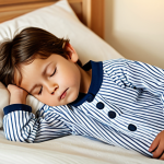 A young child, fully clothed in comfortable, modest pajamas, is depicted sleeping peacefully in a warm, family-friendly bedroom setting. The child's mouth is slightly open, hinting at a common symptom of adenoid issues, but otherwise their pose is natural and serene. The lighting is soft and ambient. Perfect anatomy, correct proportions, natural body proportions, well-formed hands, proper finger count, safe for work, appropriate content, fully clothed, family-friendly, professional photography, high quality, realistic.